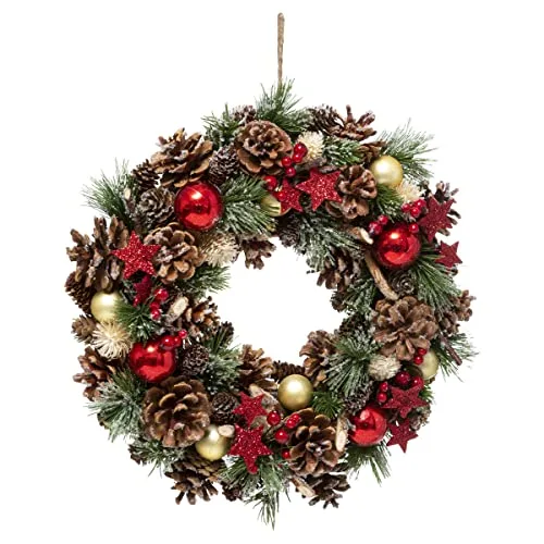 FEERIC CHRISTMAS - Couronne de Noël Artificiel Branches de Houx, étoiles et Pommes de pin D 35 cm