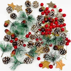 Lot de 108 décorations de Couronne de Noël pommes de pin artificielles et baies de houx rouges pin naturelles pour décoration de sapin de Noël pour DIY décoration de sapin de Noël,fête de Noël