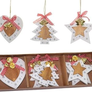 SHATCHI Lot de 6 décorations de Noël en Bois à Suspendre avec Rubans et Cloches - Décoration de Noël - 2 étoiles, 2 cœurs, 2 pièces en Forme d'arbre (8 cm)