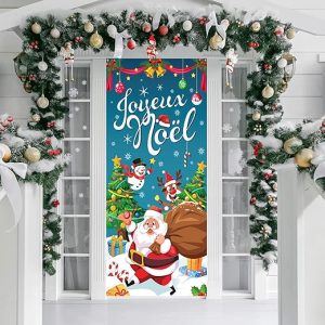 DPKOW Français Joyeux Noël Porte Bannière pour Noël Décoration Extérieure Fournitures, pour France, Toile de Fond Jardin Mur, 185 * 90cm