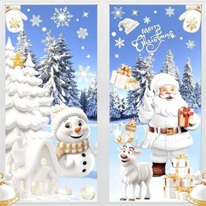 AhfuLife 9 Feuilles NoëL Autocollants Fenetre Réutilisables, 190PCS Stickers Fenetre Noël PVC avec 3D Bonhomme de Neige Mignon et Père Noël pour DIY Décor Fenêtre de Noël,...