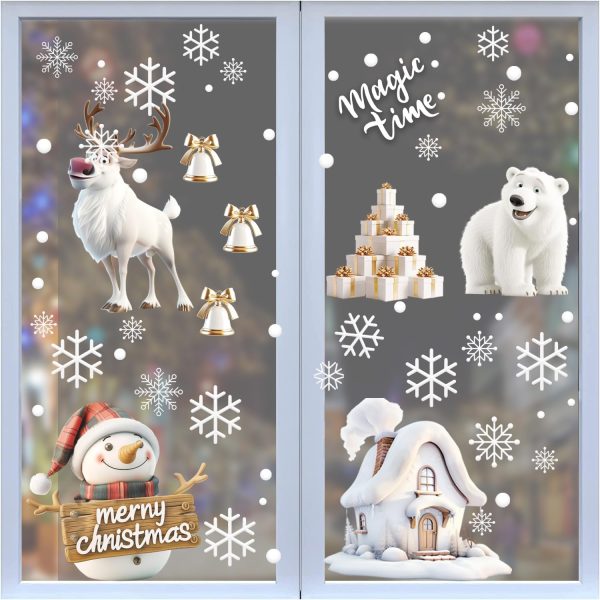 156 Stickers Noel Fenetre Réutilisable, Decoration Noel Fenetre, DIY Autocollant Noel Fenetre, Flocon de Neige Intérieur Deco noël pour Porte Vitrine Verre(Noël C)