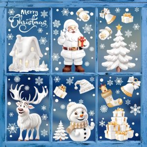 Autocollant Noël Fenêtre, Decoration Noel Interieur Maison Stickers Pere Noel Fenetre Réutilisable Amovible pour Magasin Vitre Vitrine Porte, Grand Coloré Autocollants Hiver...