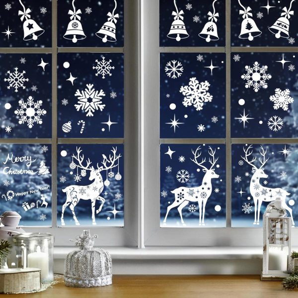 Zindoo Decoration Noel Stickers Noel Fenetre 183 Pcs Élan blanc Réutilisable Impression Recto-Verso Electrostatique Autocollant Noel Fenetre Intérieur Deco Noel pour Fenêtre...