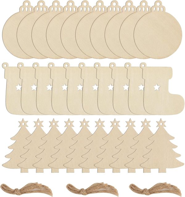 30 Pcs Decoration Noel Sapin Bois, Décorations de Noël Ornement Suspendu, Objets de Décoration de Noël Bois, Boule de Noël/Bottes de Noël/Arbre de Noël pour DIY Décorations...
