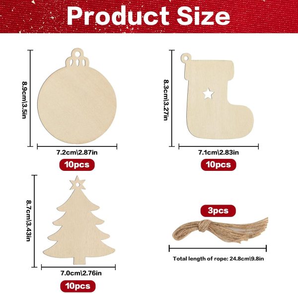 30 Pcs Decoration Noel Sapin Bois, Décorations de Noël Ornement Suspendu, Objets de Décoration de Noël Bois, Boule de Noël/Bottes de Noël/Arbre de Noël pour DIY Décorations...