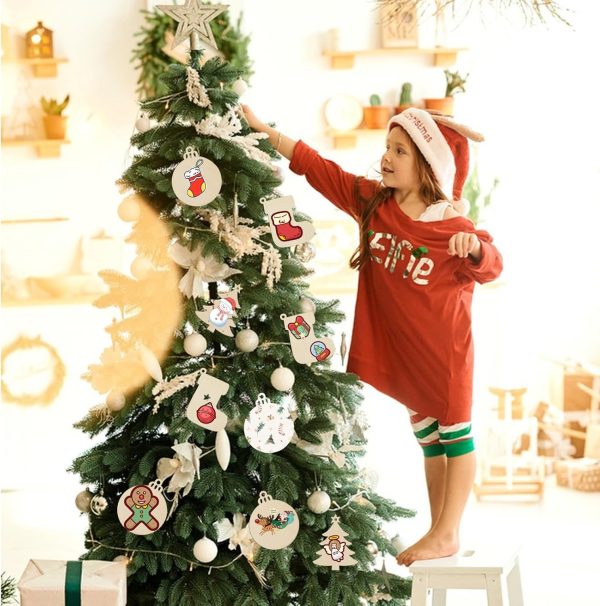 30 Pcs Decoration Noel Sapin Bois, Décorations de Noël Ornement Suspendu, Objets de Décoration de Noël Bois, Boule de Noël/Bottes de Noël/Arbre de Noël pour DIY Décorations...