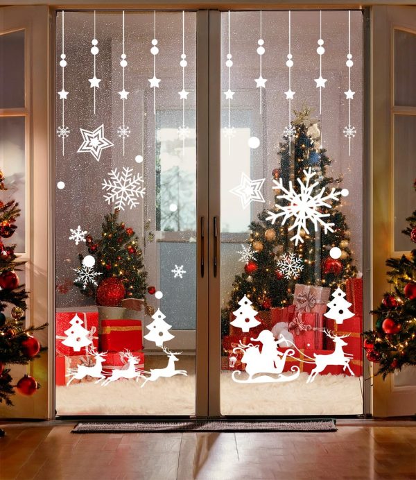 Noël Autocollants Fenetre, Flocon de neige blanc Décoration de fenêtre Noël PVC, Elk Décoration de Noël Fenêtre d’hiver Réutilisable comme décoration de Noël