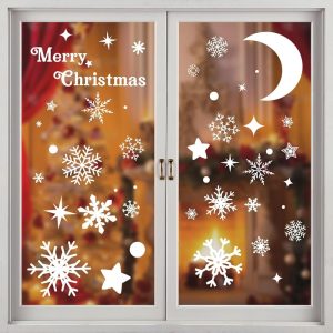 Noël Autocollants Fenetre, Flocon de neige blanc Décoration de fenêtre Noël PVC, Elk Décoration de Noël Fenêtre d’hiver Réutilisable comme décoration de Noël
