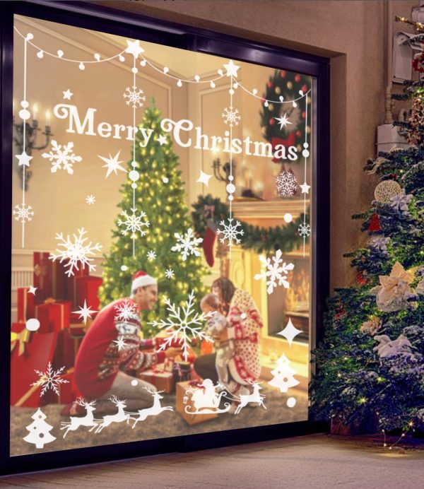 Noël Autocollants Fenetre, Flocon de neige blanc Décoration de fenêtre Noël PVC, Elk Décoration de Noël Fenêtre d’hiver Réutilisable comme décoration de Noël