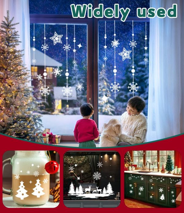 Noël Autocollants Fenetre, Flocon de neige blanc Décoration de fenêtre Noël PVC, Elk Décoration de Noël Fenêtre d’hiver Réutilisable comme décoration de Noël