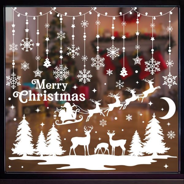Noël Autocollants Fenetre, Flocon de neige blanc Décoration de fenêtre Noël PVC, Elk Décoration de Noël Fenêtre d’hiver Réutilisable comme décoration de Noël