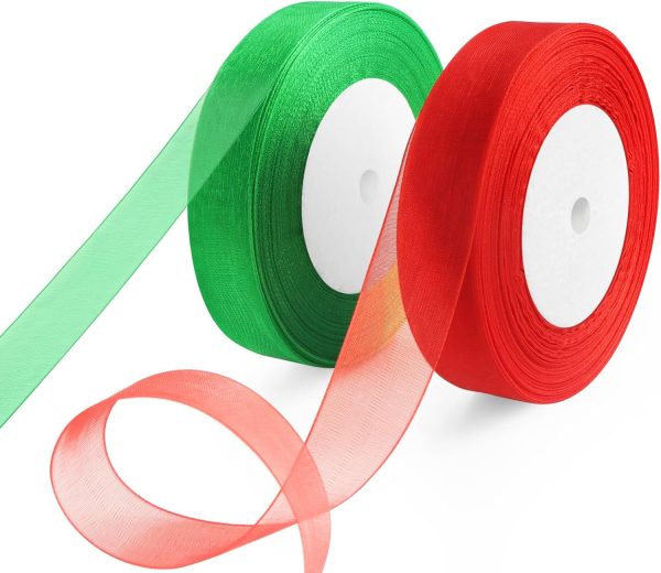 OWill 2 Rolls Ruban Noel,ruban cadeau emballage rouge et vert,20 mm x 90 m,Ruban cadeau emballage noel,ruban rouge noel pour emballage cadeau,sapin de noël,couronne de noel...