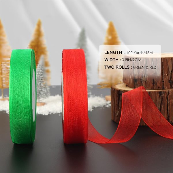 OWill 2 Rolls Ruban Noel,ruban cadeau emballage rouge et vert,20 mm x 90 m,Ruban cadeau emballage noel,ruban rouge noel pour emballage cadeau,sapin de noël,couronne de noel...