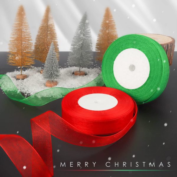 OWill 2 Rolls Ruban Noel,ruban cadeau emballage rouge et vert,20 mm x 90 m,Ruban cadeau emballage noel,ruban rouge noel pour emballage cadeau,sapin de noël,couronne de noel...