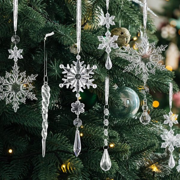 SULOLI 26pcs Transparent Acrylique Flocon de Neige Glaçon Suspendu Pendentif，Décoration de Pendentif en Cristal d'arbre de Noël