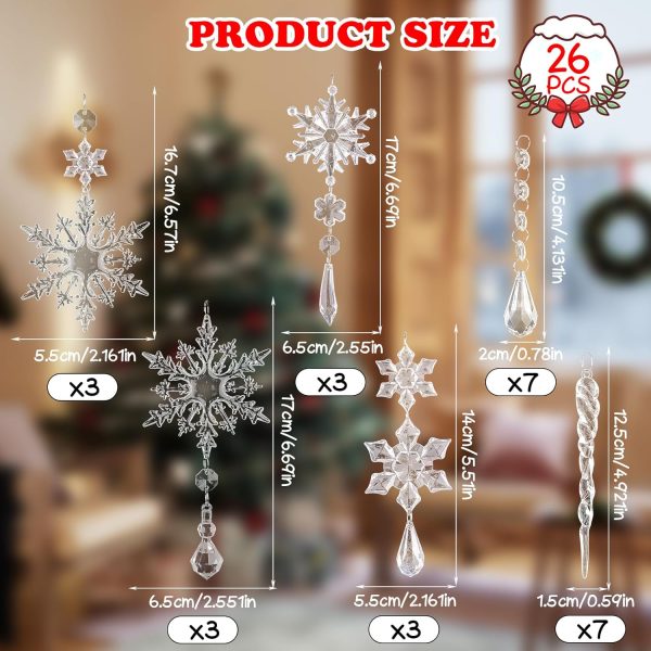 SULOLI 26pcs Transparent Acrylique Flocon de Neige Glaçon Suspendu Pendentif，Décoration de Pendentif en Cristal d'arbre de Noël