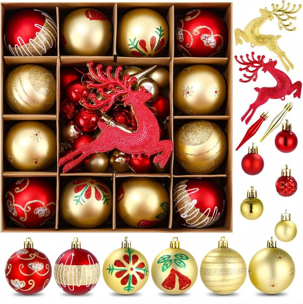 SOBEAU 40 Pièces Boules de Noël, Décorations Sapin de Noël en Plastique Petites & Grandes, 13 Styles de Boules de Noël pour Décorations, Suspension Noel Sapin pour Fêtes （Rouge...