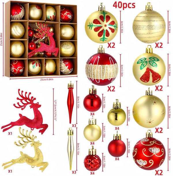 SOBEAU 40 Pièces Boules de Noël, Décorations Sapin de Noël en Plastique Petites & Grandes, 13 Styles de Boules de Noël pour Décorations, Suspension Noel Sapin pour Fêtes （Rouge...