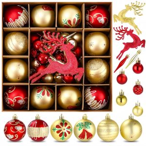 SOBEAU 40 Pièces Boules de Noël, Décorations Sapin de Noël en Plastique Petites & Grandes, 13 Styles de Boules de Noël pour Décorations, Suspension Noel Sapin pour Fêtes （Rouge...