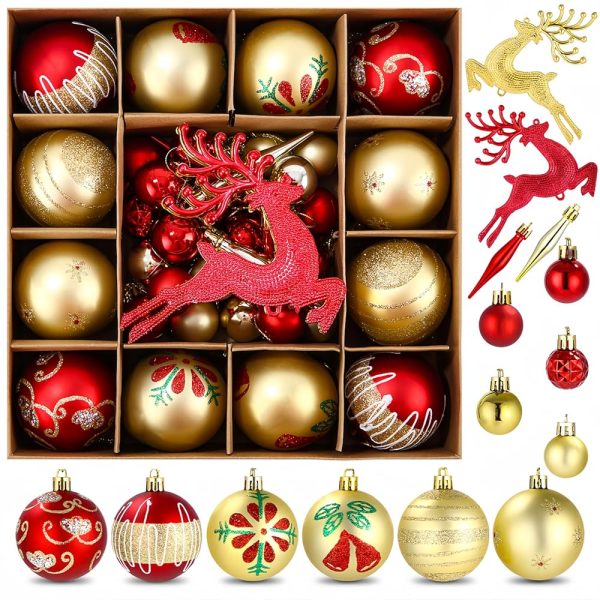 SOBEAU 40 Pièces Boules de Noël, Décorations Sapin de Noël en Plastique Petites & Grandes, 13 Styles de Boules de Noël pour Décorations, Suspension Noel Sapin pour Fêtes （Rouge...