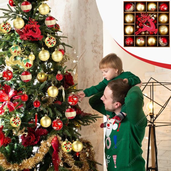 SOBEAU 40 Pièces Boules de Noël, Décorations Sapin de Noël en Plastique Petites & Grandes, 13 Styles de Boules de Noël pour Décorations, Suspension Noel Sapin pour Fêtes （Rouge...