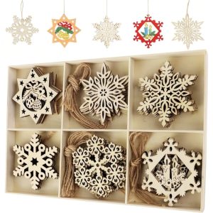 Flocon de Neige Decoration, 30 Pièces Decoration Noel en Bois Naturel, Decoration Noel Sapin en Bois DIY Robustes Durables, peut Être Peint des Deux Côtés pour Créer Des Flocons...