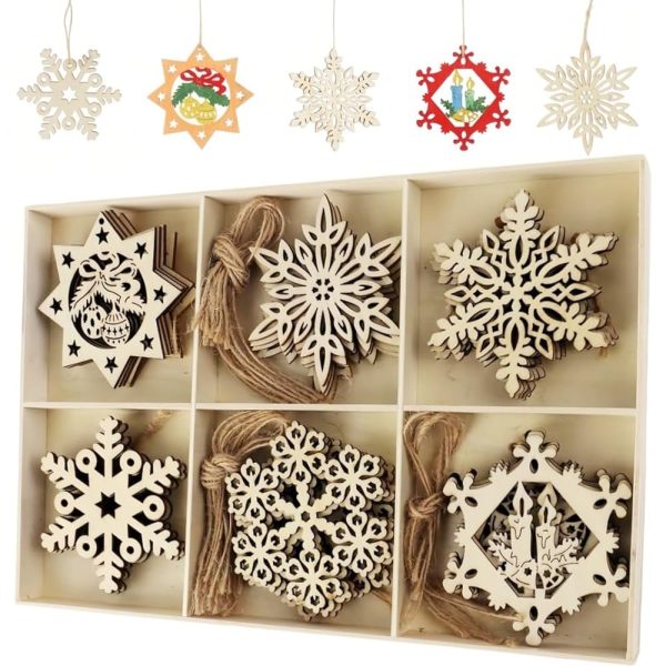 Flocon de Neige Decoration, 30 Pièces Decoration Noel en Bois Naturel, Decoration Noel Sapin en Bois DIY Robustes Durables, peut Être Peint des Deux Côtés pour Créer Des Flocons...