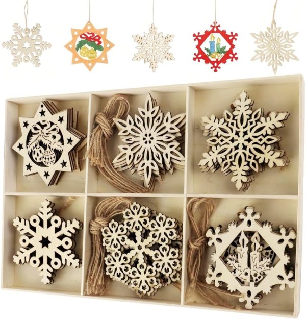 Flocon de Neige Decoration, 30 Pièces Decoration Noel en Bois Naturel, Decoration Noel Sapin en Bois DIY Robustes Durables, peut Être Peint des Deux Côtés pour Créer Des Flocons...
