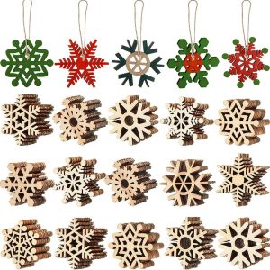 20Pcs Decoration Noel Sapin Bois, Flocons de Neige en Bois de Noël Ornement, Ornement Suspendre Bois Noël Pendentif en Forme de Flocon de Neige Suspension Bricolage Artisanat...