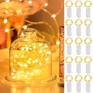 AOUVT Lot de 15 Guirlande Lumineuse à Piles, Guirlande lumineuse 2m 20 LEDs, Mini guirlandes LED étanches, Pour Bouteilles, Décoration de Meubles, Mariages, Noël - Blanc Chaud