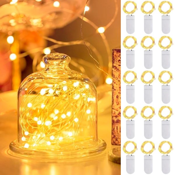 AOUVT Lot de 15 Guirlande Lumineuse à Piles, Guirlande lumineuse 2m 20 LEDs, Mini guirlandes LED étanches, Pour Bouteilles, Décoration de Meubles, Mariages, Noël - Blanc Chaud