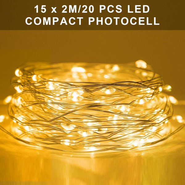 AOUVT Lot de 15 Guirlande Lumineuse à Piles, Guirlande lumineuse 2m 20 LEDs, Mini guirlandes LED étanches, Pour Bouteilles, Décoration de Meubles, Mariages, Noël - Blanc Chaud