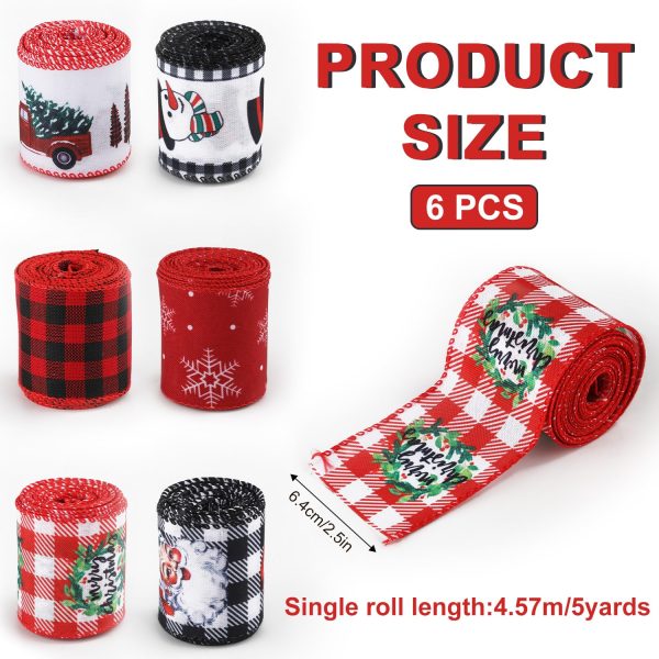 6 Rouleaux/9m Ruban de Noël Filaire, 6,4cm Ruban d'Emballage Cadeau Flocon de Neige Père Noël Plaid Bonhomme de Neige Couronne Ruban Cadeau Noël pour Travaux Manuels (6 Styles)