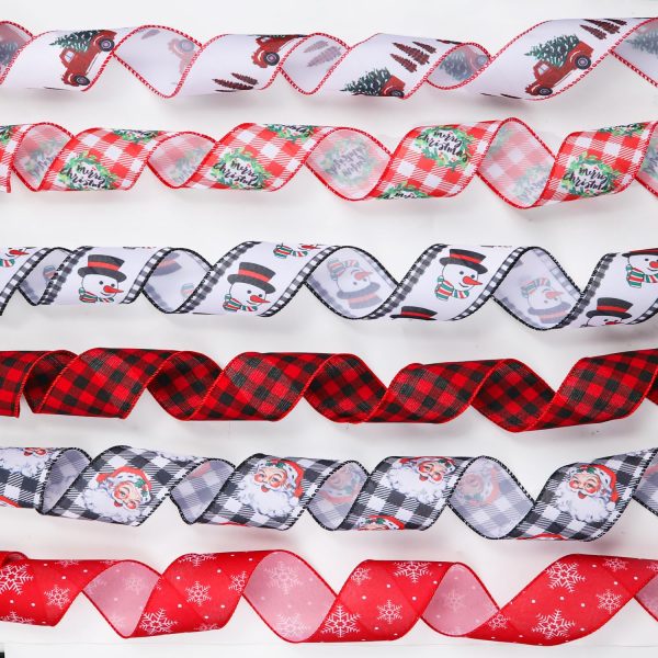 6 Rouleaux/9m Ruban de Noël Filaire, 6,4cm Ruban d'Emballage Cadeau Flocon de Neige Père Noël Plaid Bonhomme de Neige Couronne Ruban Cadeau Noël pour Travaux Manuels (6 Styles)