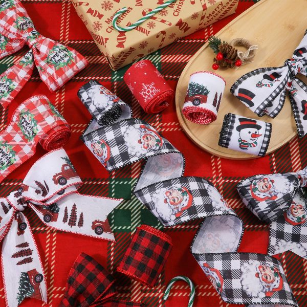6 Rouleaux/9m Ruban de Noël Filaire, 6,4cm Ruban d'Emballage Cadeau Flocon de Neige Père Noël Plaid Bonhomme de Neige Couronne Ruban Cadeau Noël pour Travaux Manuels (6 Styles)