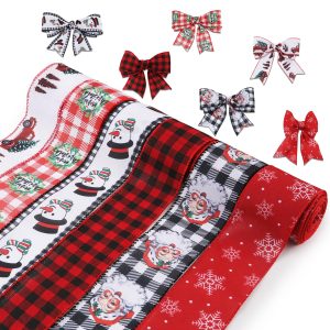6 Rouleaux/9m Ruban de Noël Filaire, 6,4cm Ruban d'Emballage Cadeau Flocon de Neige Père Noël Plaid Bonhomme de Neige Couronne Ruban Cadeau Noël pour Travaux Manuels (6 Styles)