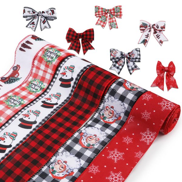 6 Rouleaux/9m Ruban de Noël Filaire, 6,4cm Ruban d'Emballage Cadeau Flocon de Neige Père Noël Plaid Bonhomme de Neige Couronne Ruban Cadeau Noël pour Travaux Manuels (6 Styles)