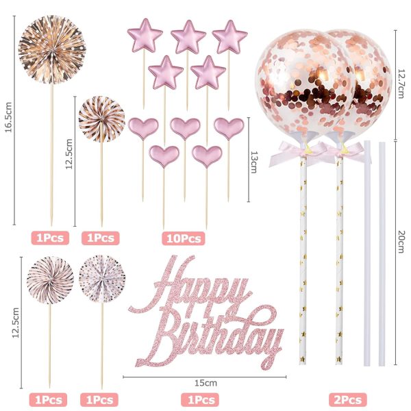 BillyBath 17 PCS Happy Birthday Decoration Gateau Or Rose Gold,Decoration Cake Topper Ballon Étoiles Topper avec Boule de Décoration pour Fête de D'anniversaire Fille