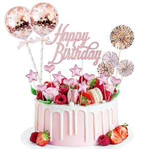 BillyBath 17 PCS Happy Birthday Decoration Gateau Or Rose Gold,Decoration Cake Topper Ballon Étoiles Topper avec Boule de Décoration pour Fête de D'anniversaire Fille