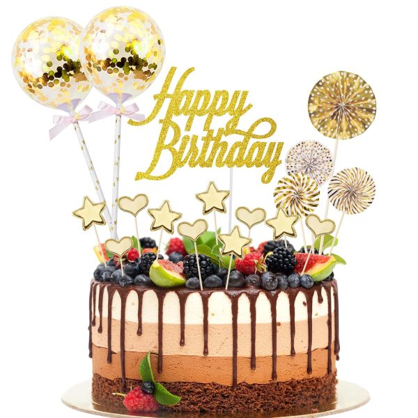 BillyBath 17 PCS Happy Birthday Decoration Gateau Or Rose Gold,Decoration Cake Topper Ballon Étoiles Topper avec Boule de Décoration pour Fête de D'anniversaire Fille