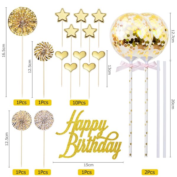 BillyBath 17 PCS Happy Birthday Decoration Gateau Or Rose Gold,Decoration Cake Topper Ballon Étoiles Topper avec Boule de Décoration pour Fête de D'anniversaire Fille