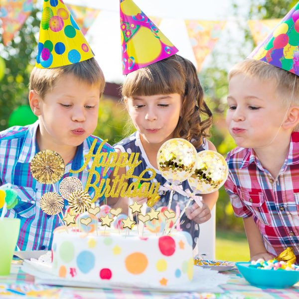 BillyBath 17 PCS Happy Birthday Decoration Gateau Or Rose Gold,Decoration Cake Topper Ballon Étoiles Topper avec Boule de Décoration pour Fête de D'anniversaire Fille
