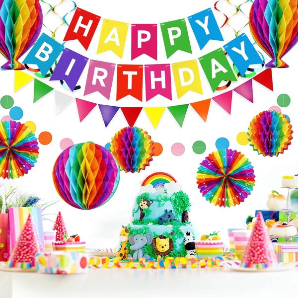 Décoration Anniversaire kit, Guirlande Fête d'anniversaire Déco Accessoires, Fanions, Boules Nid d'abeille, Banderole, Pompons Papier Coloré Decoration pour Fille Garçon Enfant