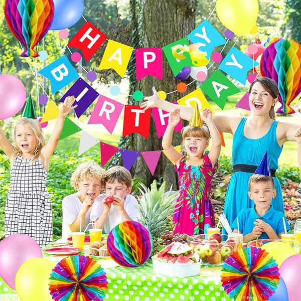 Décoration Anniversaire kit, Guirlande Fête d'anniversaire Déco Accessoires, Fanions, Boules Nid d'abeille, Banderole, Pompons Papier Coloré Decoration pour Fille Garçon Enfant