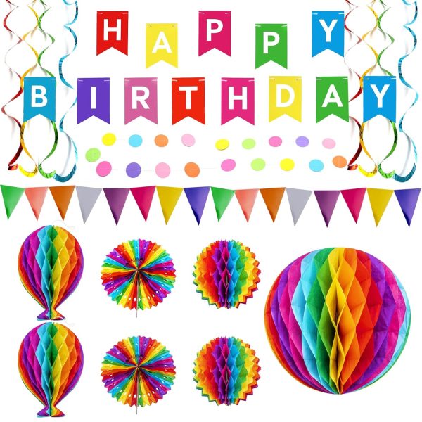 Décoration Anniversaire kit, Guirlande Fête d'anniversaire Déco Accessoires, Fanions, Boules Nid d'abeille, Banderole, Pompons Papier Coloré Decoration pour Fille Garçon Enfant