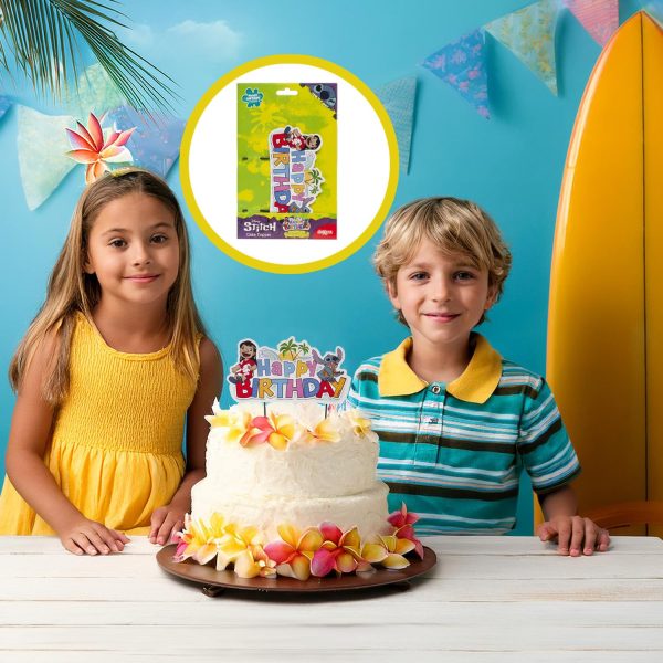 dekora - Cake Topper Stitch "Happy Birthday" - Décoration pour Gâteau d'Anniversaire Adaptée au Contact Alimentaire - Topping en Papier et Plastique pour Décorer les Gâteaux -...