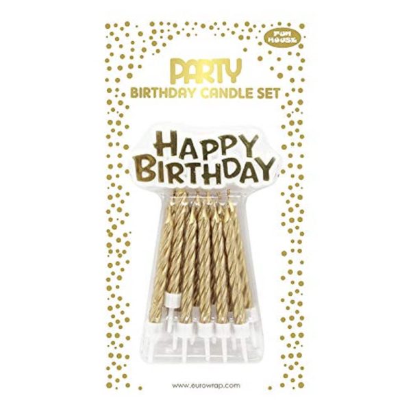 Eurowrap 26577-GC - Un Lot De 12 Bougies D'Anniversaire + 12 Porte-Bougies + Un support "Happy Birthday"- Couleur : Or - Bougies D'anniversaire, Anniversaire, Happy Birthday