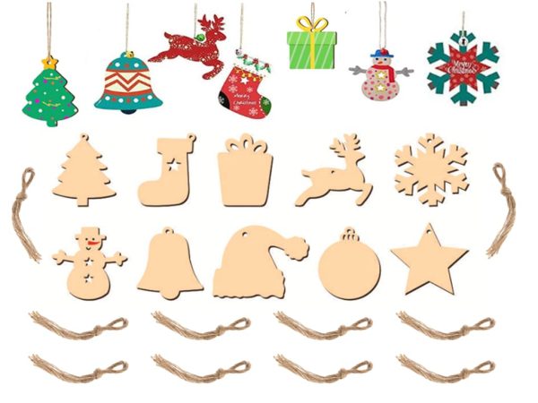 Kellegour 100 pcs Noël Ornements en Bois,avec Ficelle,Decoration Sapin Bois Ornements Pendentif Suspension Decorations de Noël,Diverses Formes Classiques de Noël,Bricolage de Noel