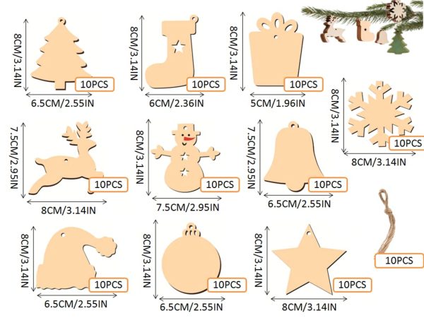 Kellegour 100 pcs Noël Ornements en Bois,avec Ficelle,Decoration Sapin Bois Ornements Pendentif Suspension Decorations de Noël,Diverses Formes Classiques de Noël,Bricolage de Noel